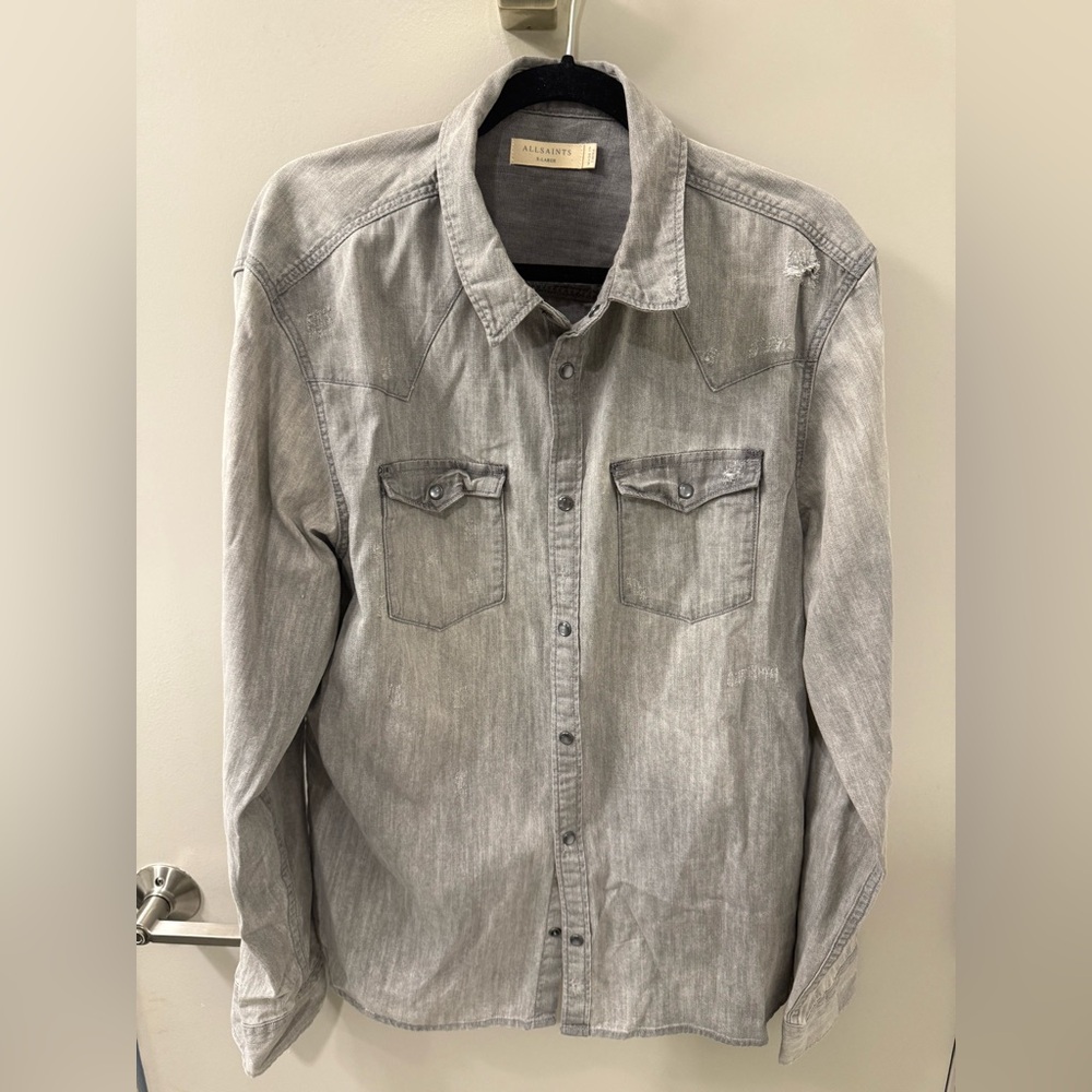 All Saints Distressed Gray Denim Shirt